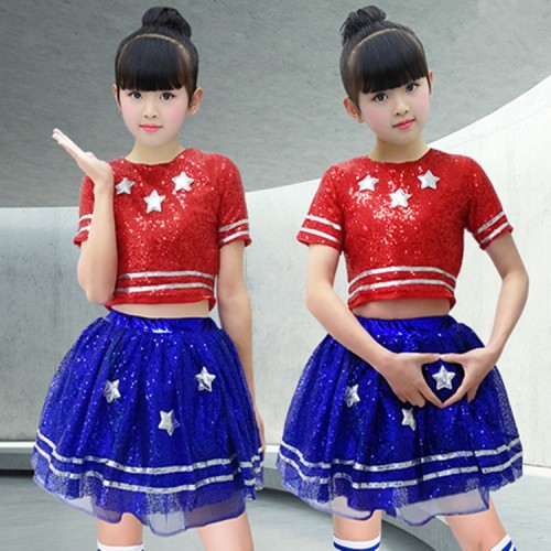 Girls children red with blue sequin jazz dance costumes hiphop street dance outfits cheerleaders stage performance costumes